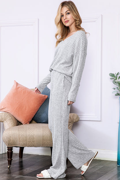 Ribbed Knit V Neck Top & Pants Loungewear Set