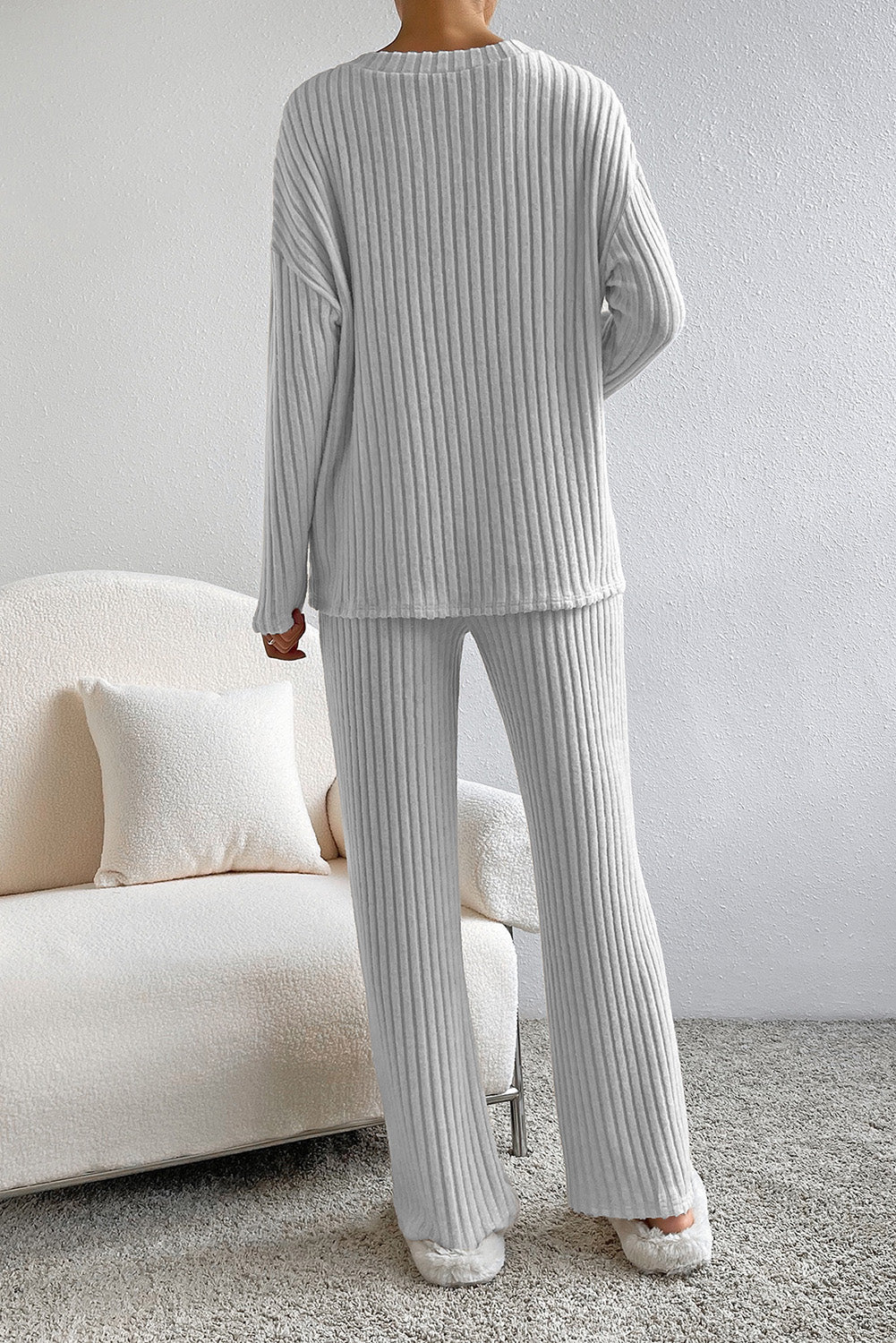 Ribbed Knit V Neck Top & Pants Loungewear Set