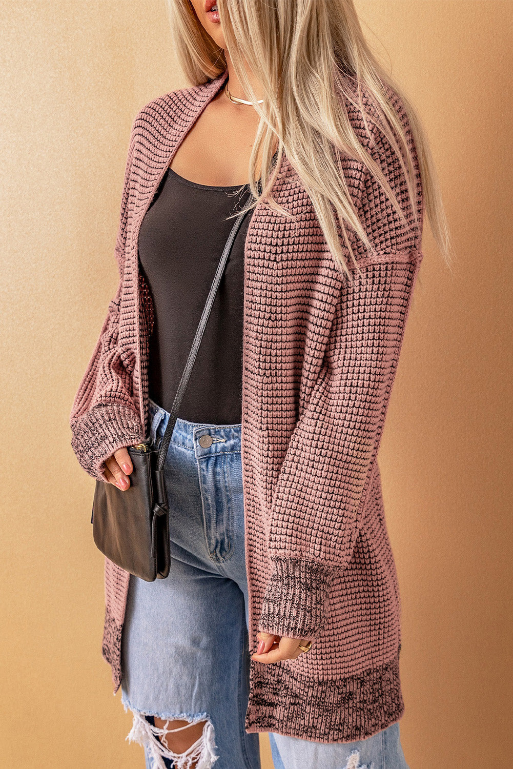 Pink Casual Knit Long Cardigan