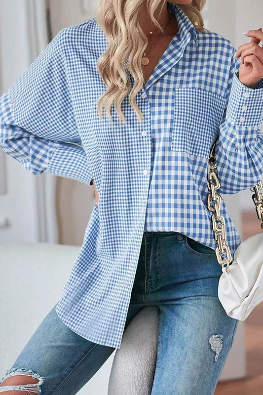 Sky Blue Plaid Pocket Long Sleeve Tunic Shirt