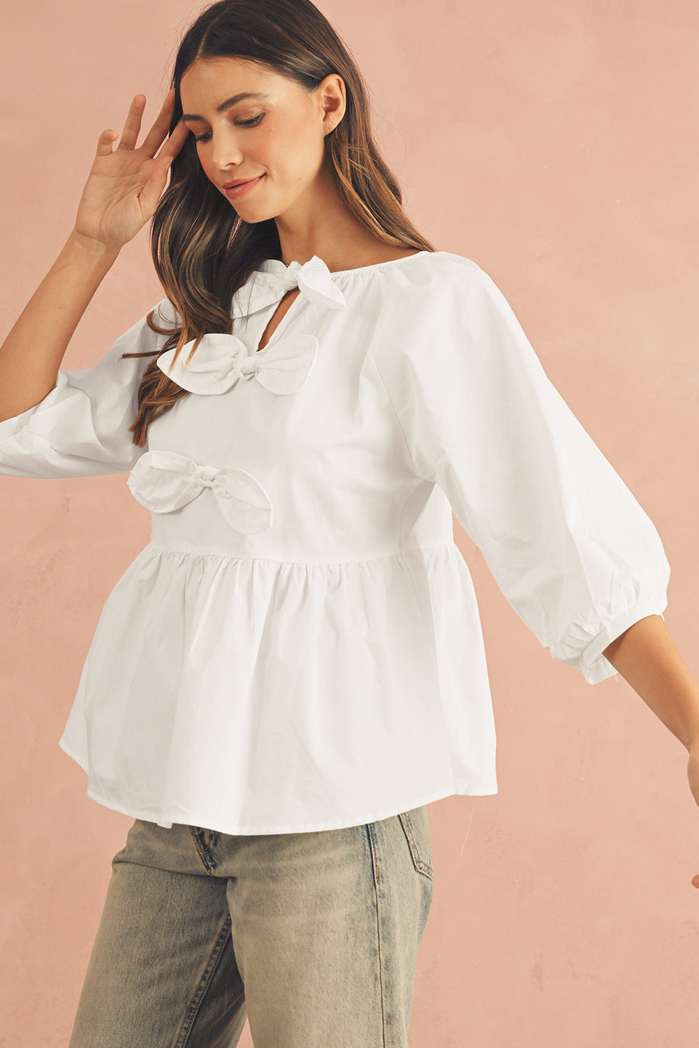 White Bow Knot Loose Fit Blouse