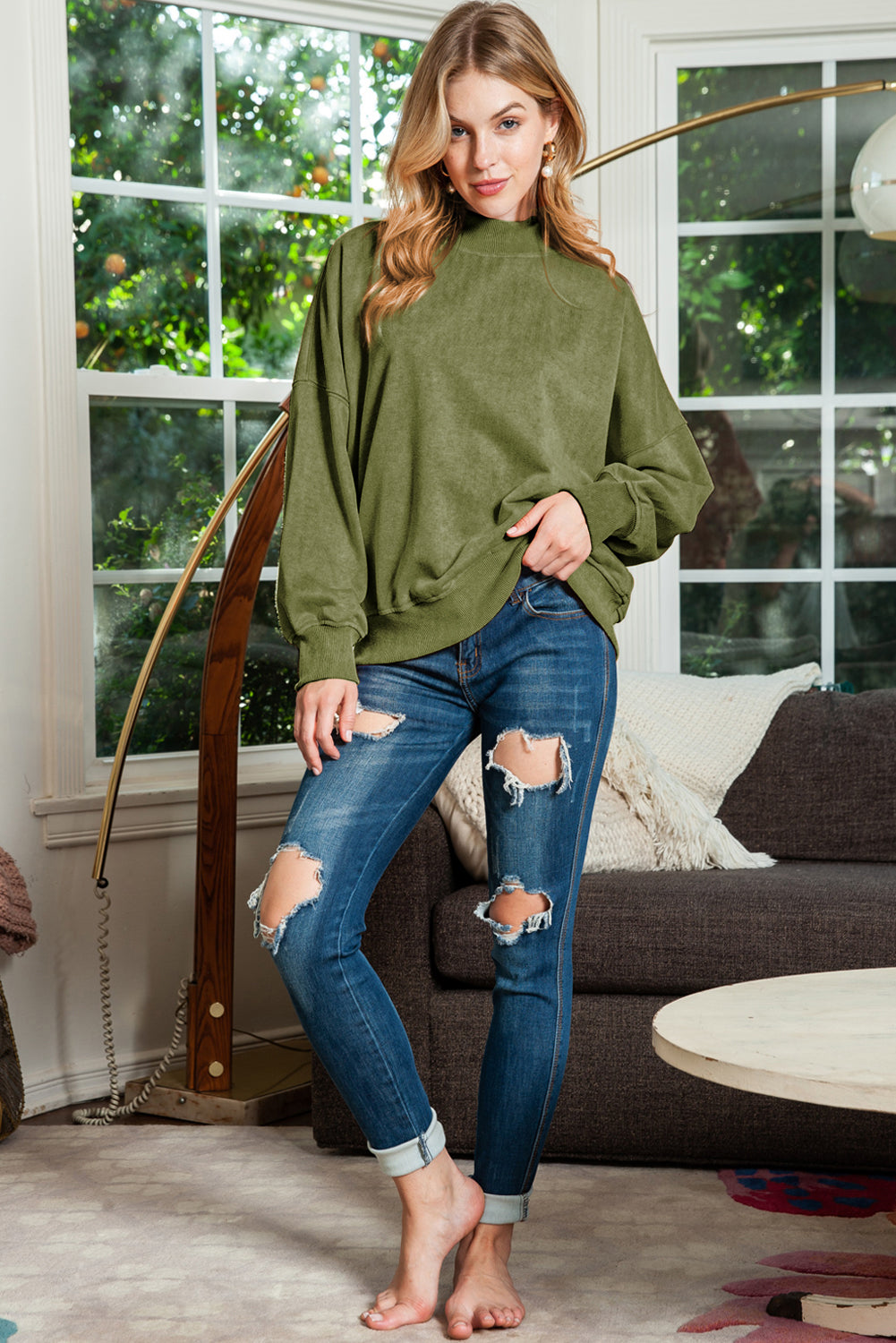 Plain Drop Shoulder Crew Neck Pullover Sweatshirt