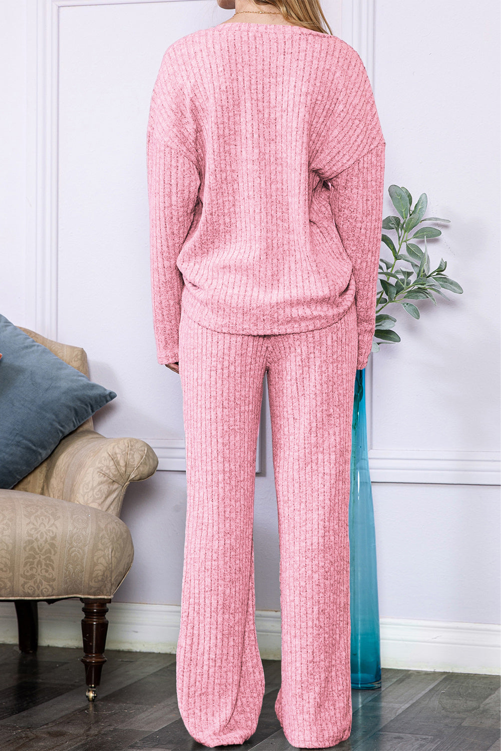 Ribbed Knit V Neck Top & Pants Loungewear Set