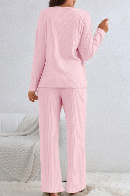 Ribbed Knit V Neck Top & Pants Loungewear Set