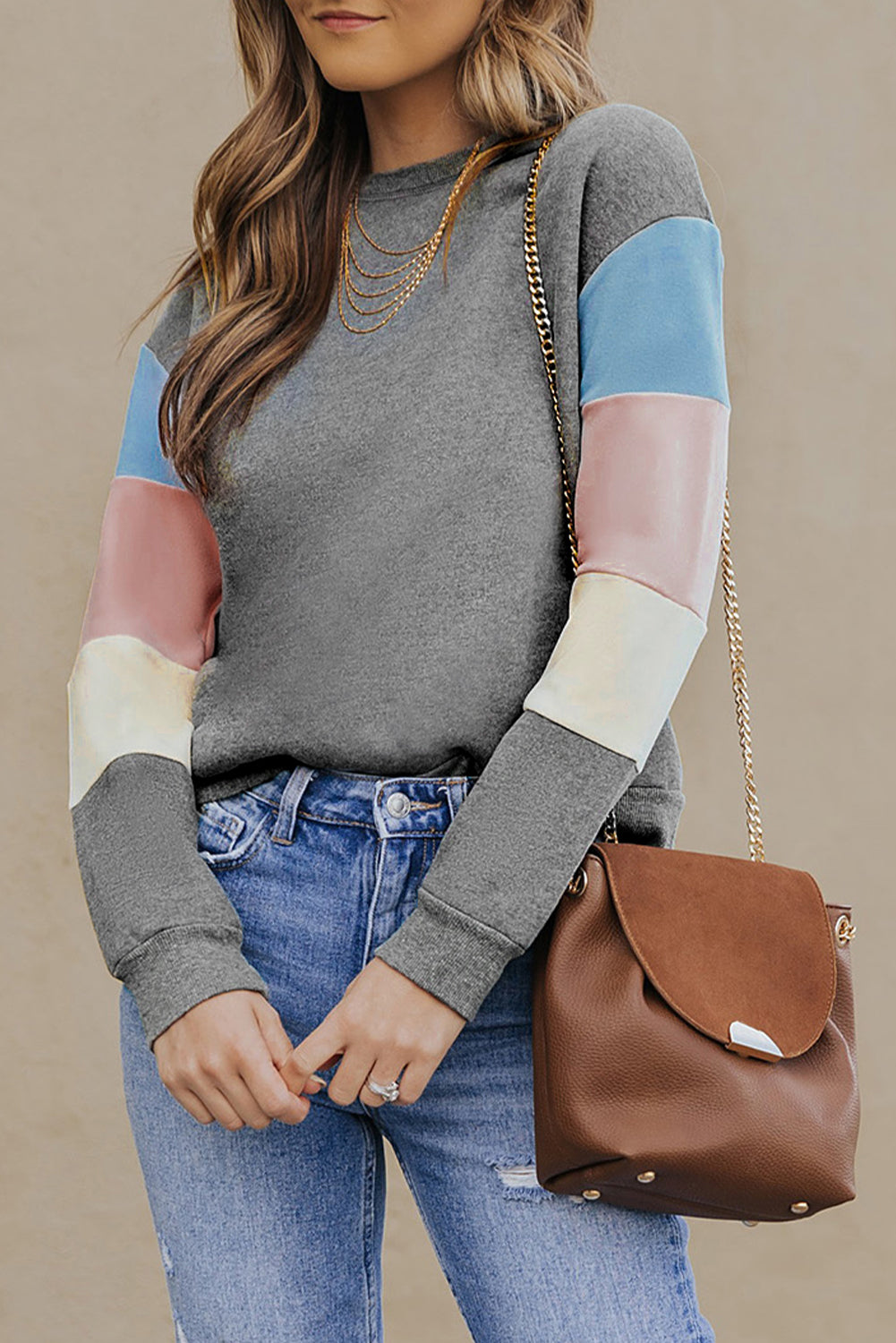 Dark Blue Color Block Casual Drop Sleeve Sweatshirt