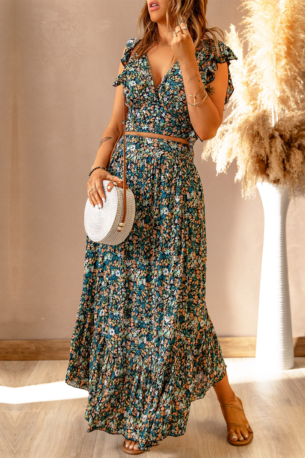 Floral Print Crop Top & Maxi Skirt Set