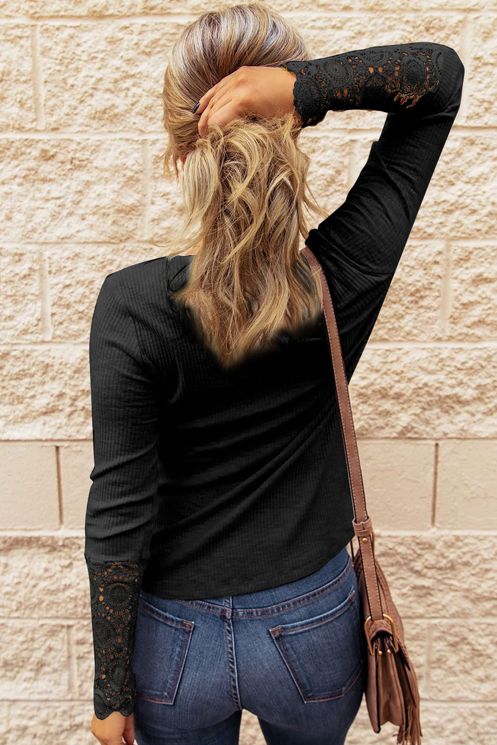 Black Lace Crochet Henley Shirt