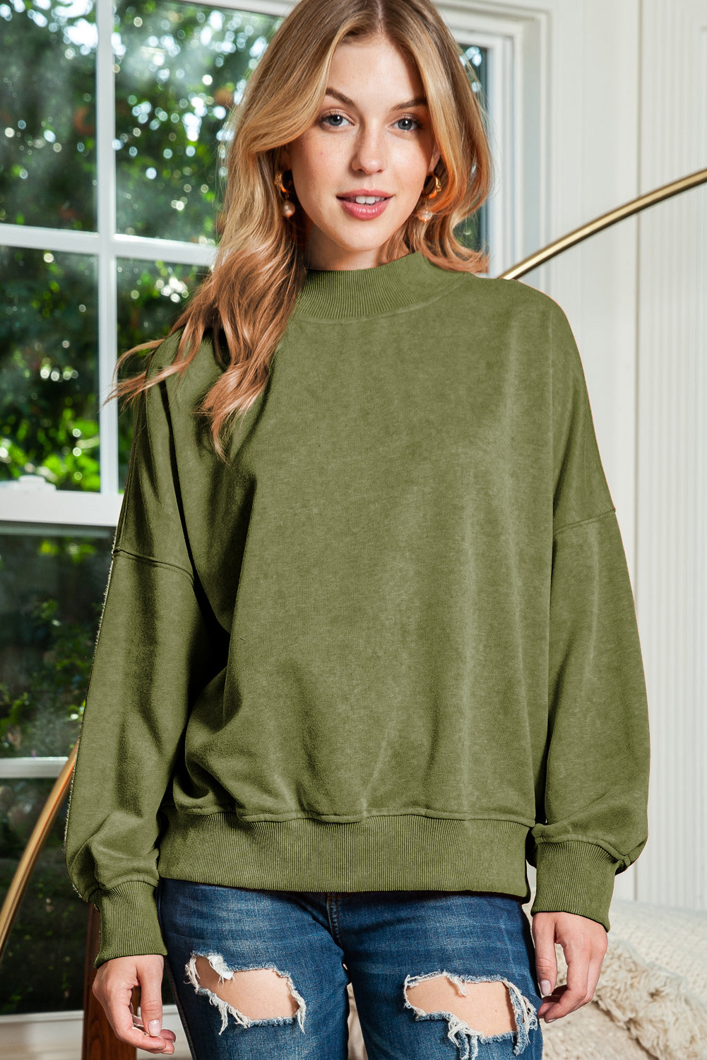 Plain Drop Shoulder Crew Neck Pullover Sweatshirt