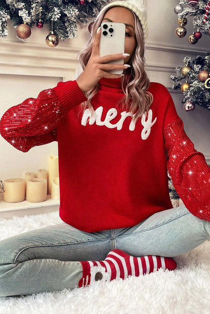 Red Merry Graphic Sequin Sleeves Christmas Sweater