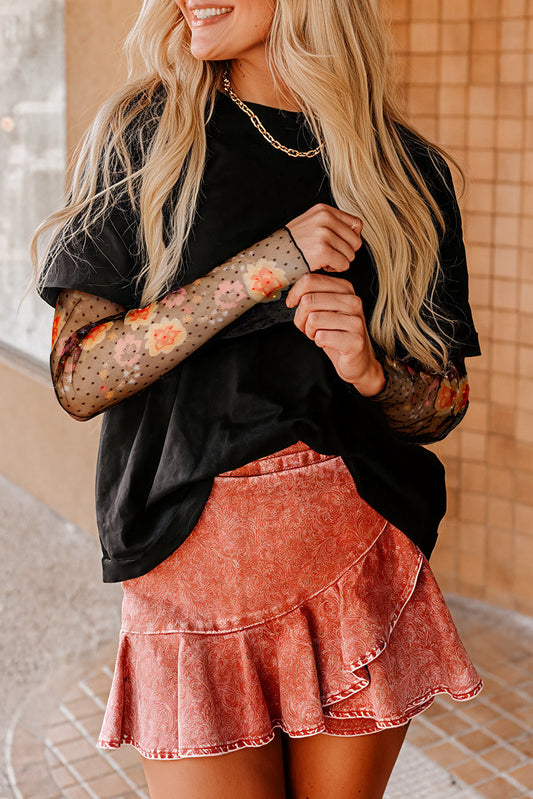 Black Floral Mesh Sleeve Top