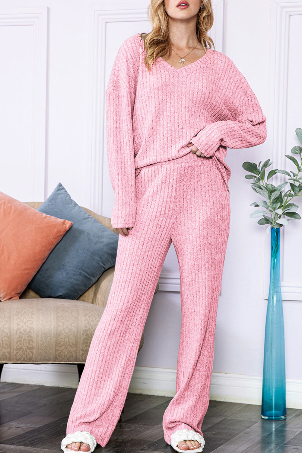 Ribbed Knit V Neck Top & Pants Loungewear Set