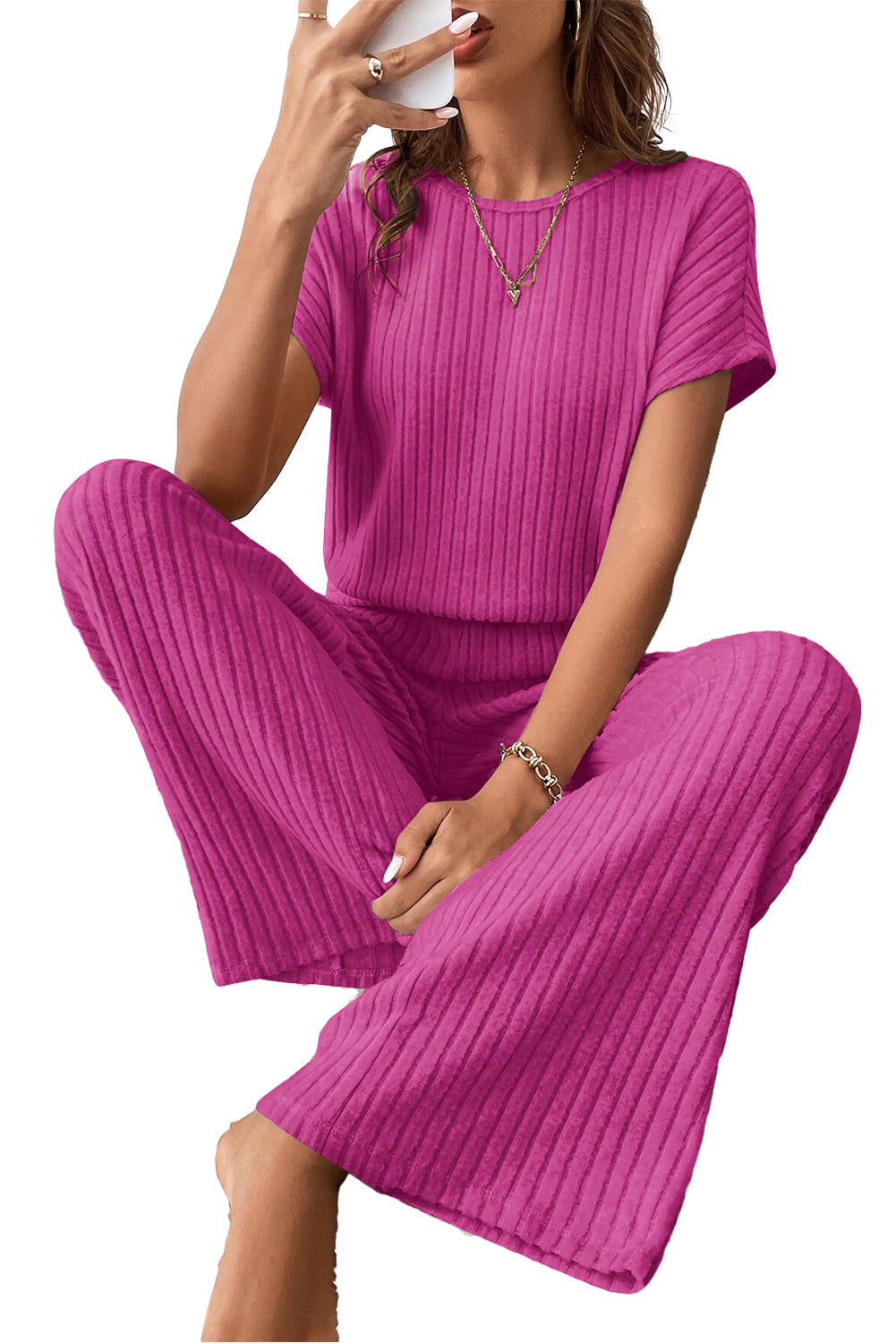 Ribbed Short Sleeve Wide Leg Jumpsuit