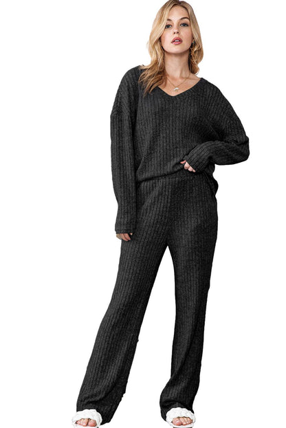 Ribbed Knit V Neck Top & Pants Loungewear Set