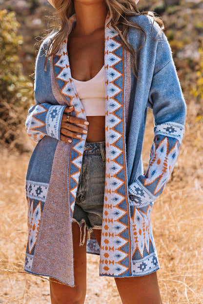 Blue Geometric Print Knit Cardigan