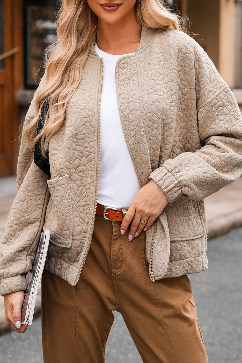 Floral Embossed Zip Up Jacket