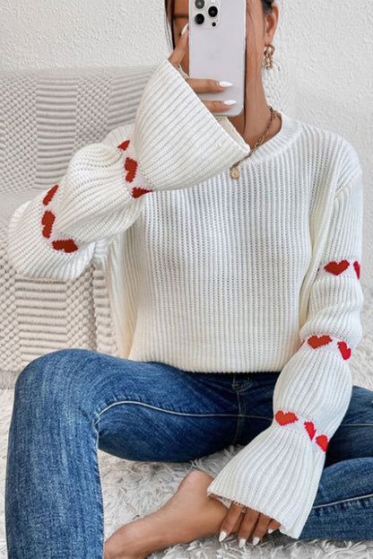 White Red Heart Pattern Knit Sweater