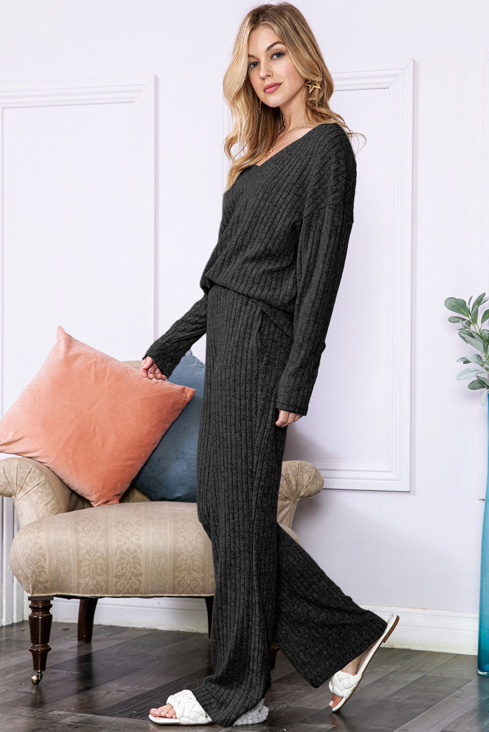 Ribbed Knit V Neck Top & Pants Loungewear Set