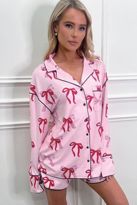 Pink Bowknot Print Pajama Set