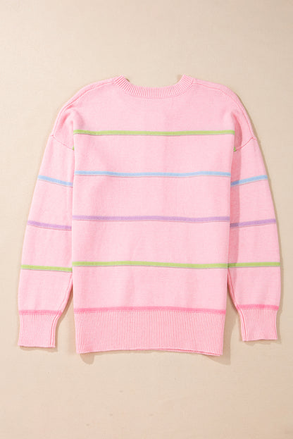 Pink Rainbow Striped Henley Sweater