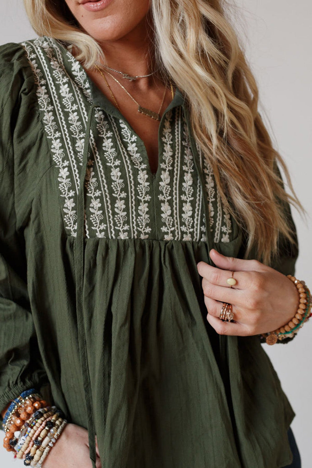 Green Embroidered Split Neck Pleated Loose Blouse