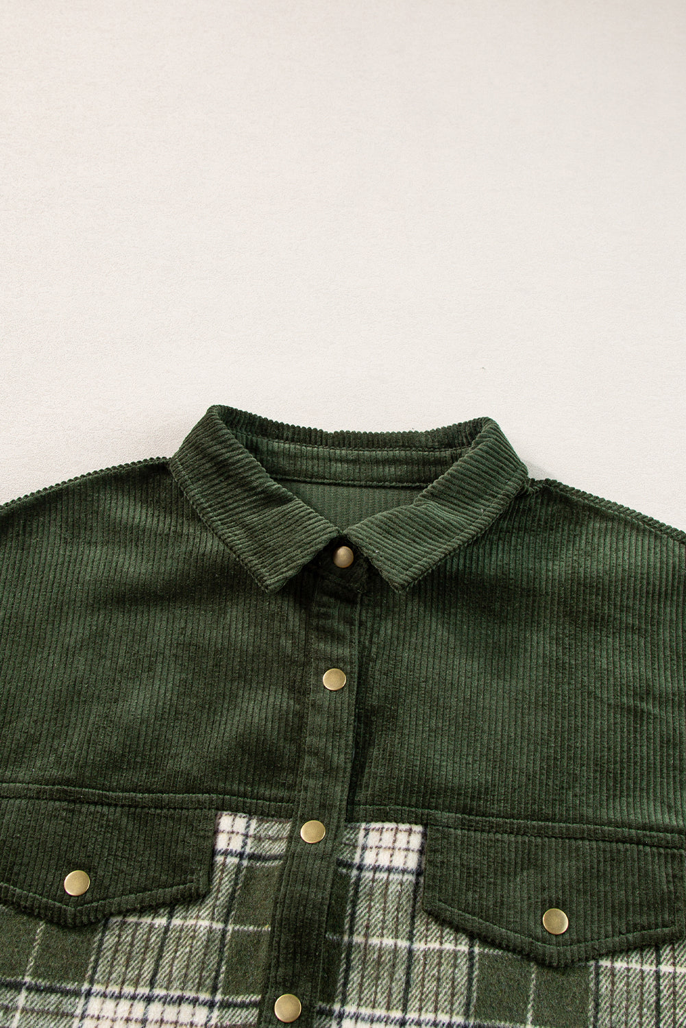 Blackish Green Snap Buttons Patchwork Plaid Shacket