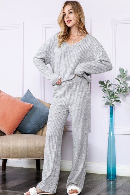 Ribbed Knit V Neck Top & Pants Loungewear Set