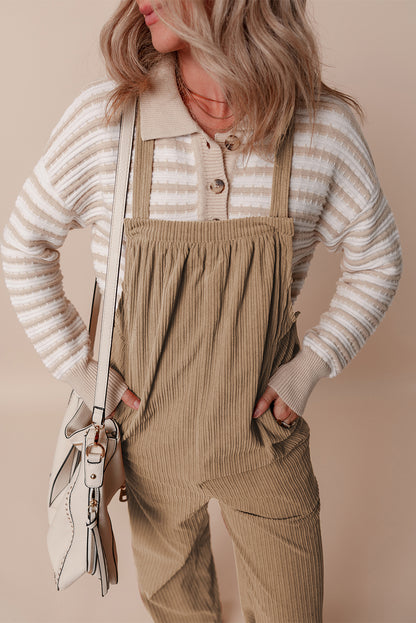 Beige Loose Fit Corduroy Overalls