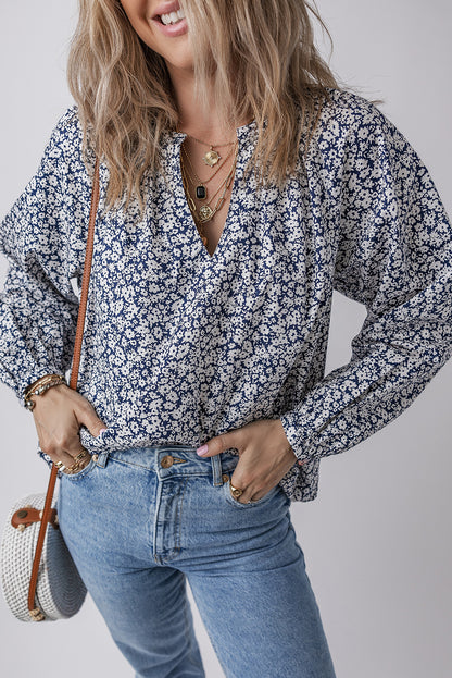 Blue Floral Print Puff Sleeve Blouse