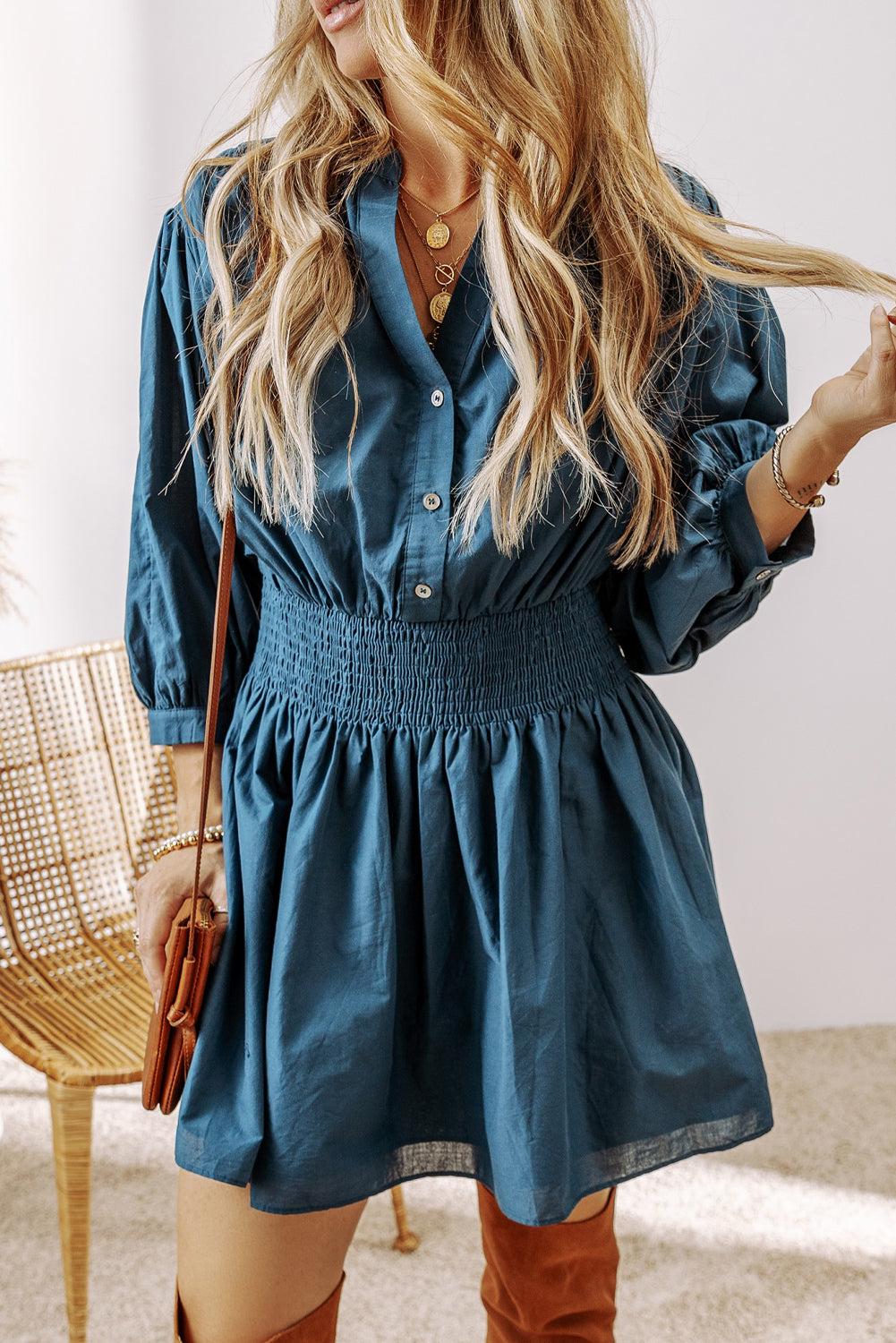 Blue 3/4 Sleeve Mini Dress