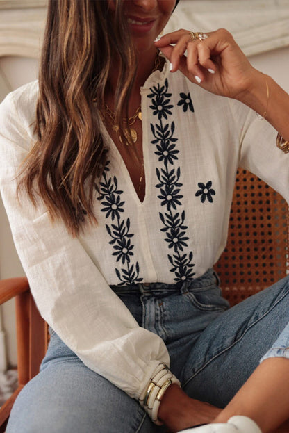 White Floral Embroidered Blouse