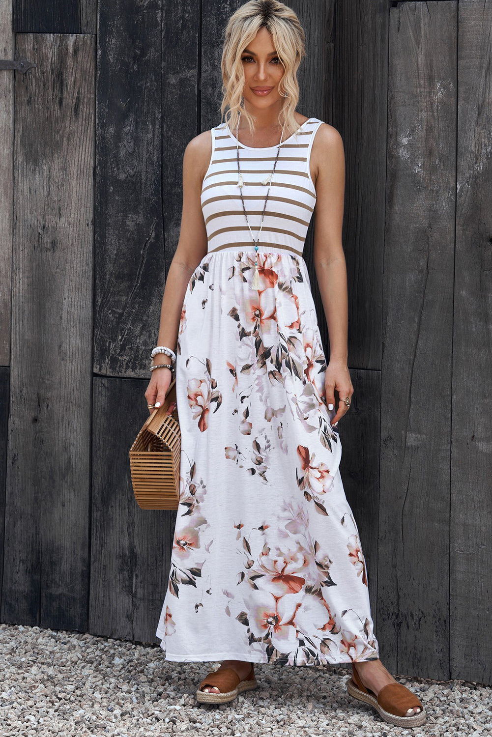 White Boho Stripes & Floral Print Floor Length Tank Dress