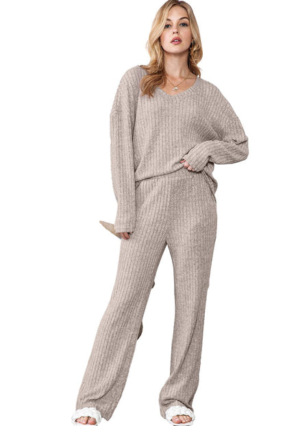 Ribbed Knit V Neck Top & Pants Loungewear Set