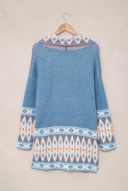 Blue Geometric Print Knit Cardigan