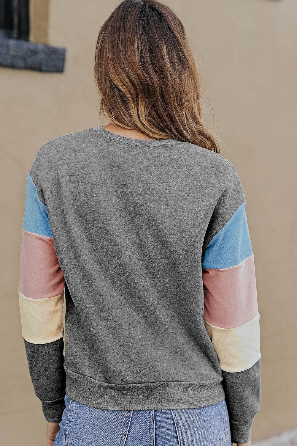 Dark Blue Color Block Casual Drop Sleeve Sweatshirt