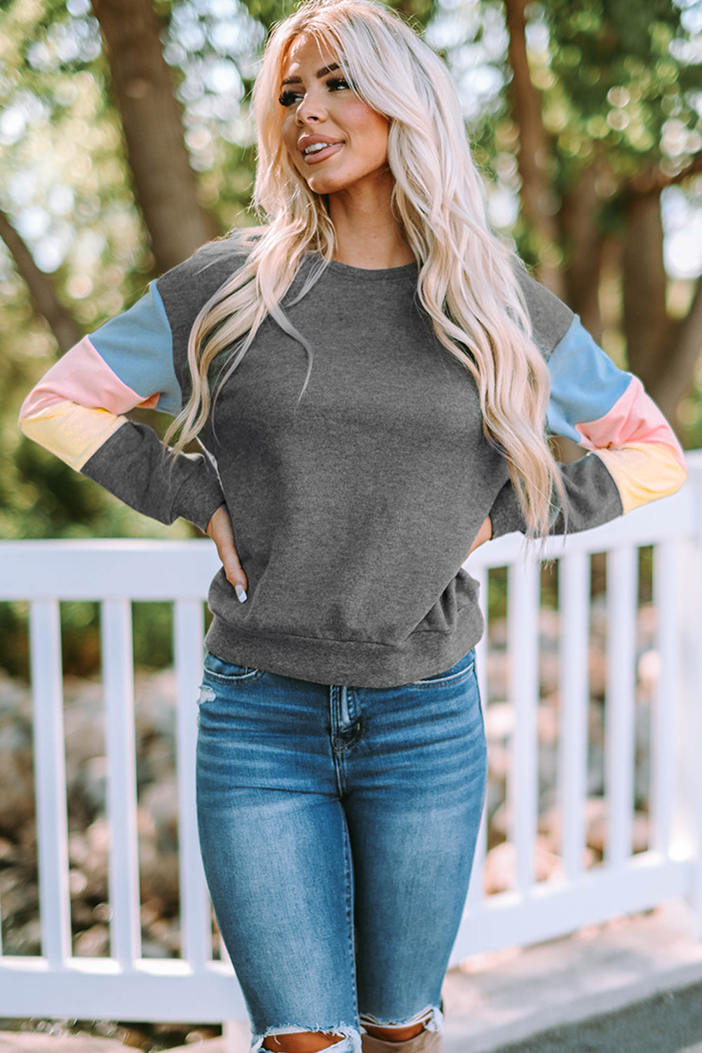 Dark Blue Color Block Casual Drop Sleeve Sweatshirt