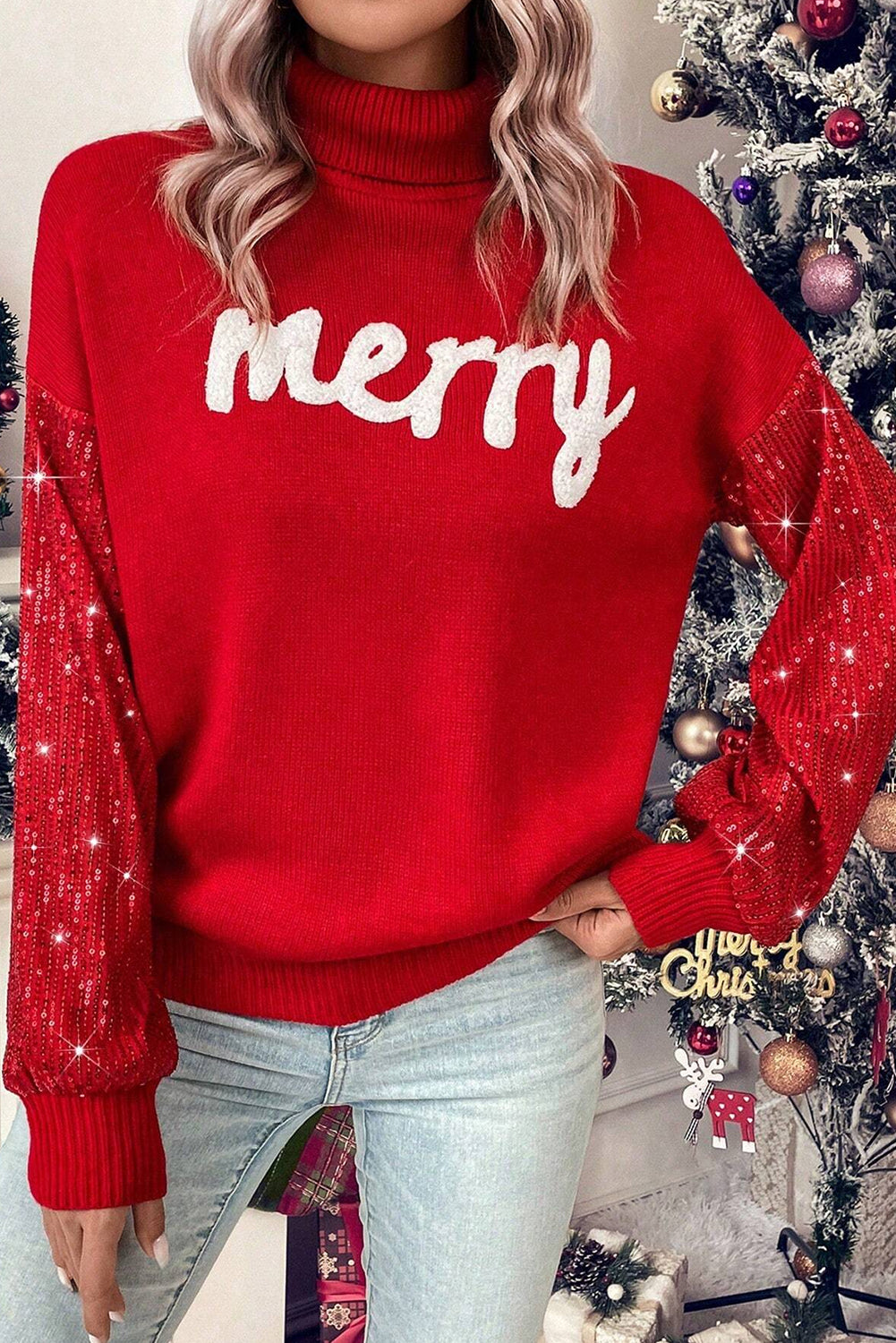 Red Merry Graphic Sequin Sleeves Christmas Sweater