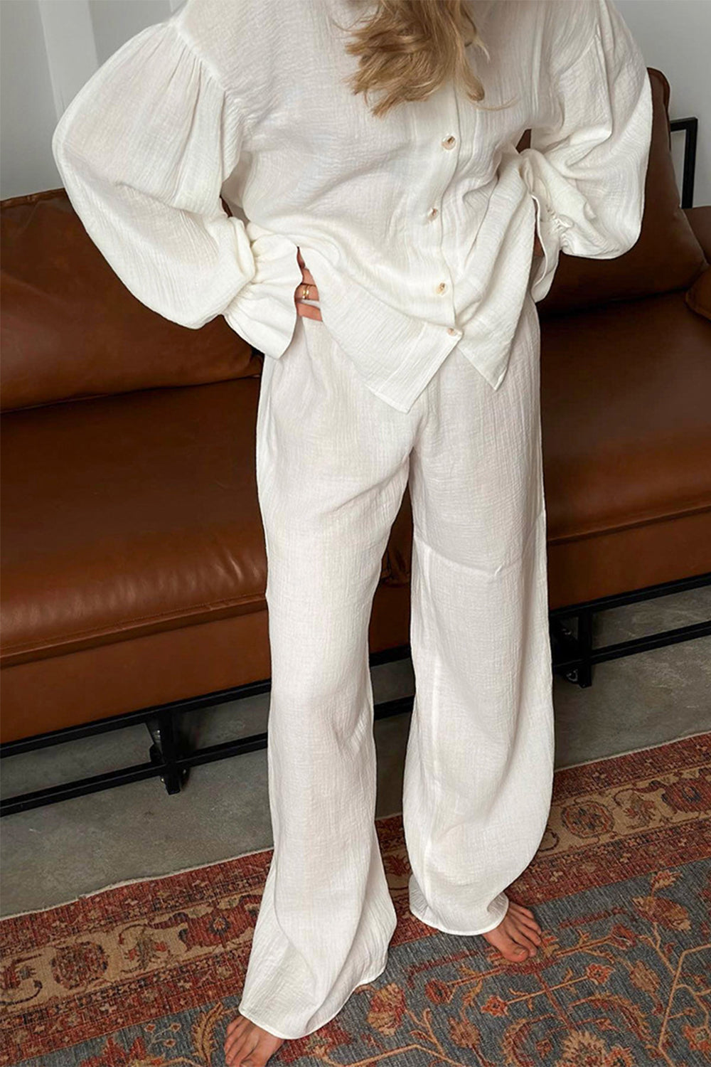 Ruffled V-Neck Long Sleeve Top and Pants Set