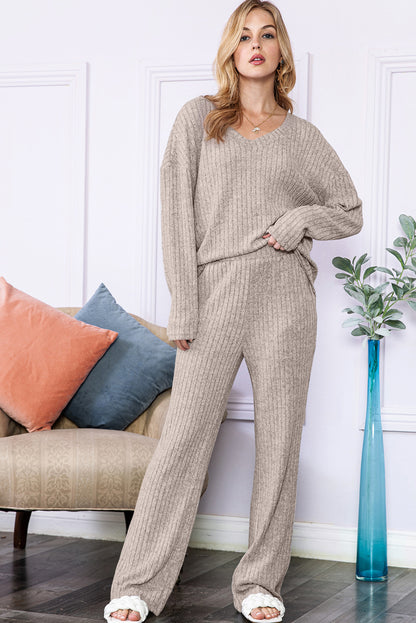 Ribbed Knit V Neck Top & Pants Loungewear Set