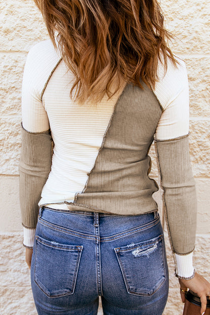 White Color Block Exposed Seam Ribbed Long Sleeve Top