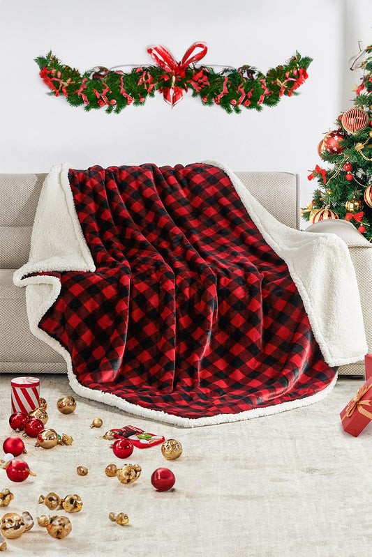 Fiery Red Plaid Print Sherpa Throw Blanket