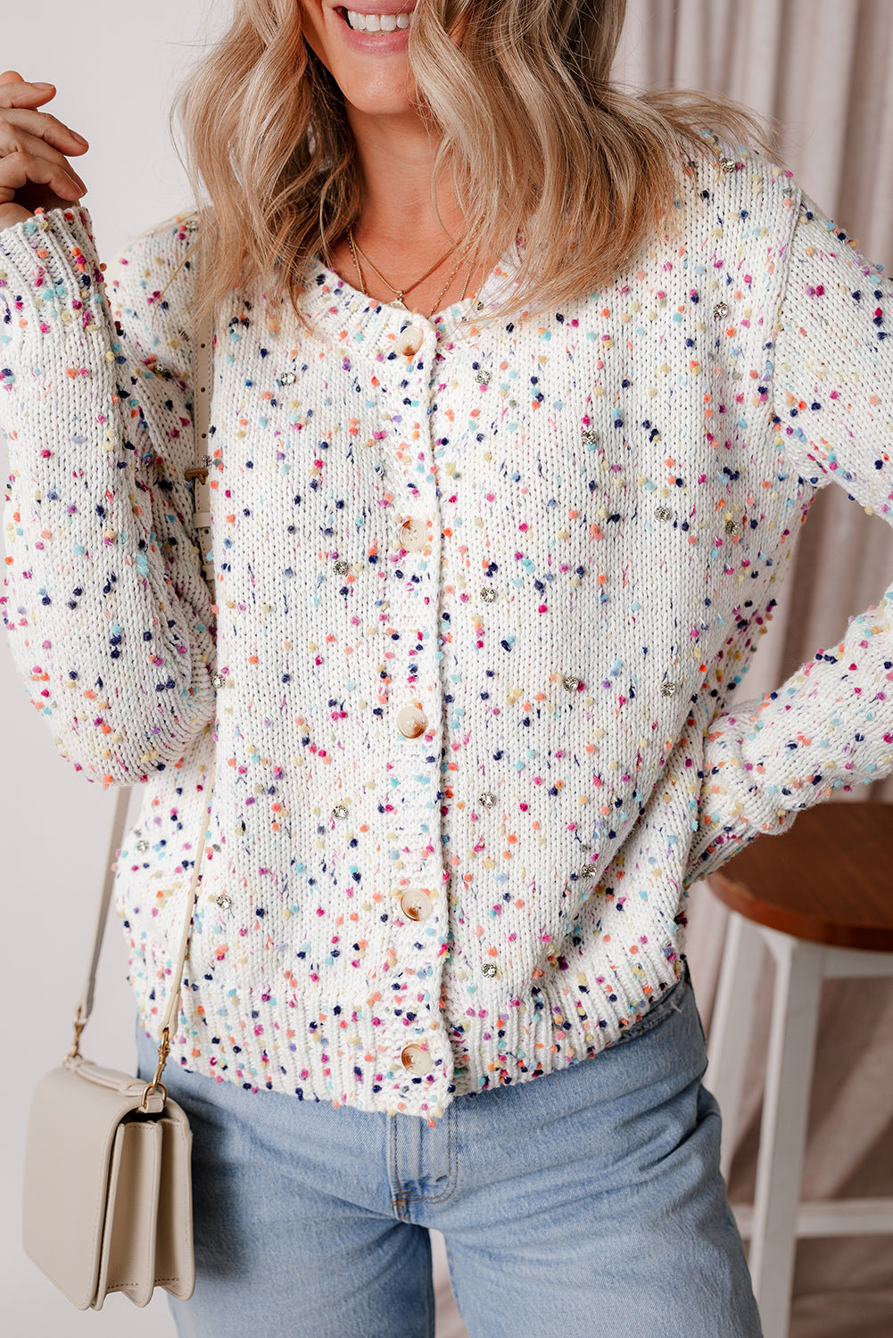 White Confetti Knit Cropped Cardigan