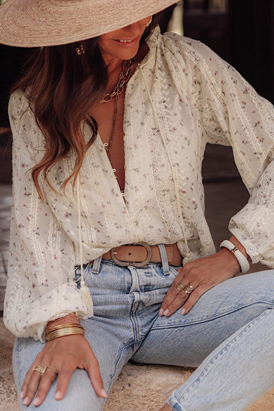 Floral Lace Applique Bubble Sleeve Blouse