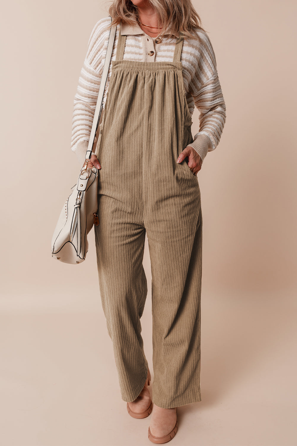 Beige Loose Fit Corduroy Overalls