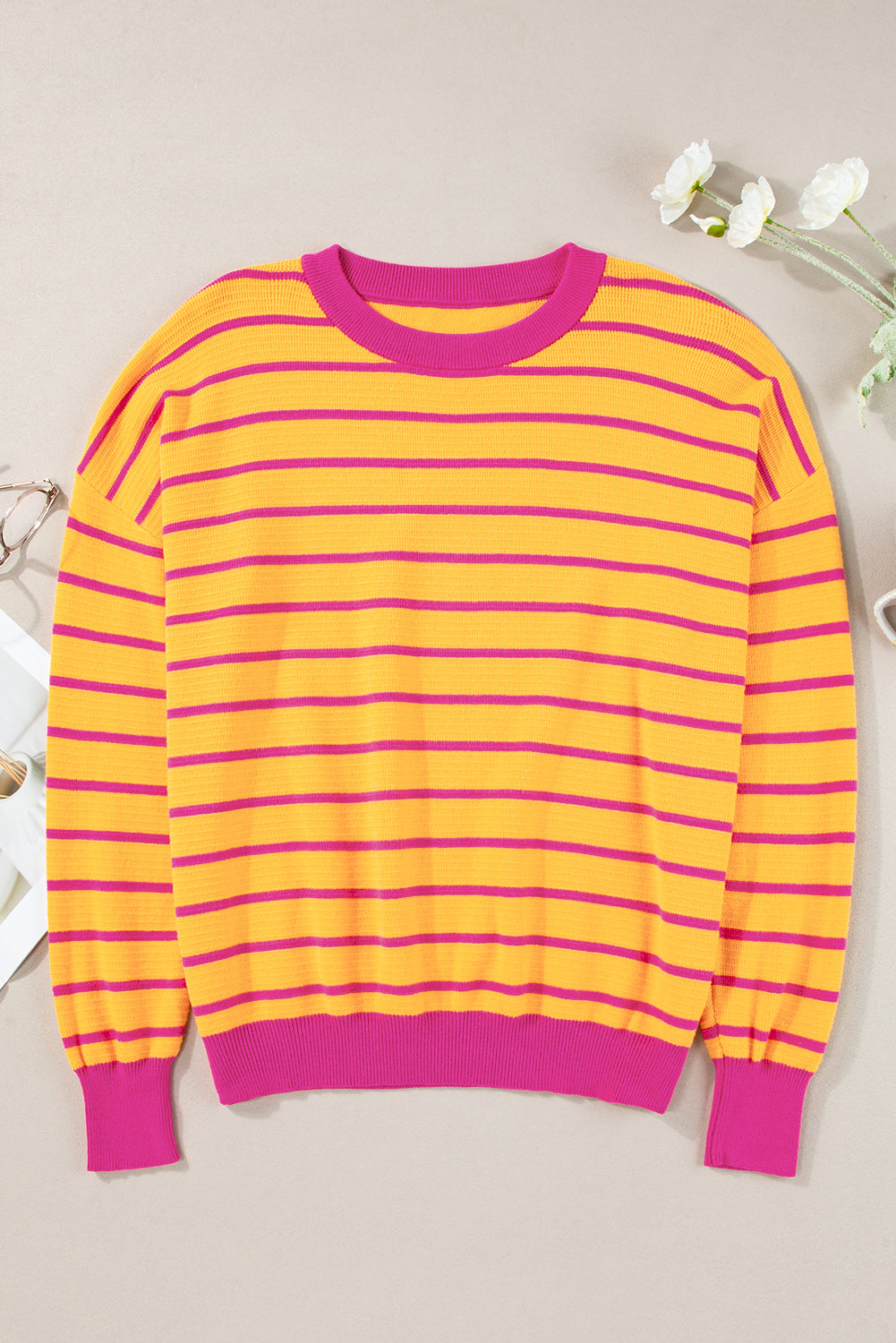 Striped Round Neck Drop Shoulder Sweater