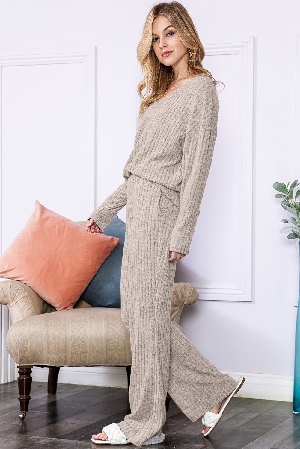 Ribbed Knit V Neck Top & Pants Loungewear Set