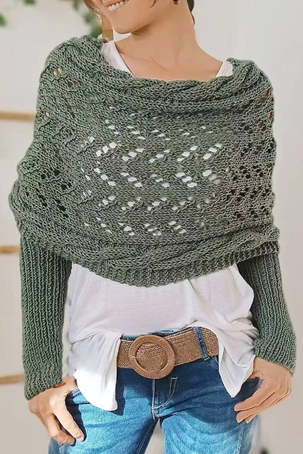 Green Knit Scarf with Sleeves