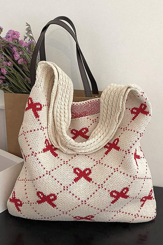 Red Bow Argyle Pattern Knit Tote Bag