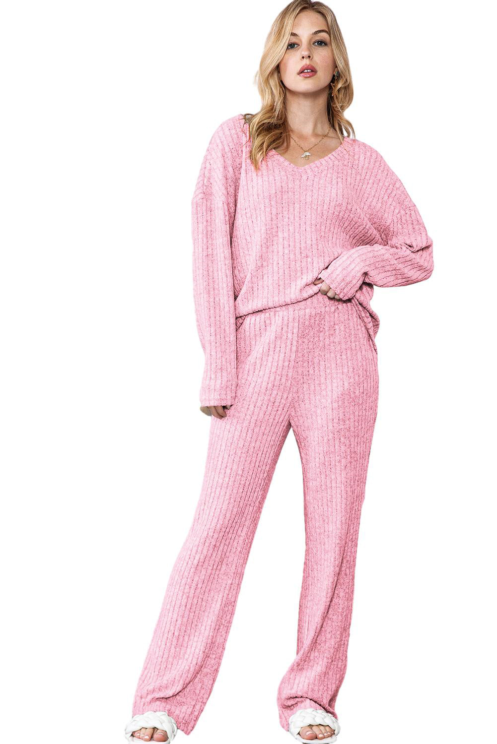 Ribbed Knit V Neck Top & Pants Loungewear Set