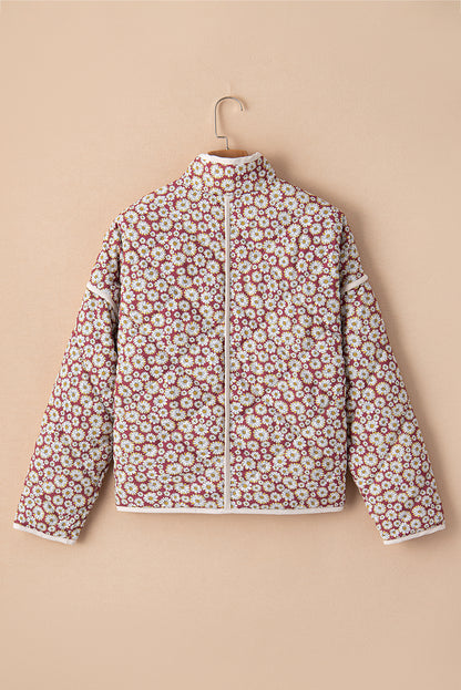 Pink Paisley Print Contrast Edge Pocketed Stand Neck Coat