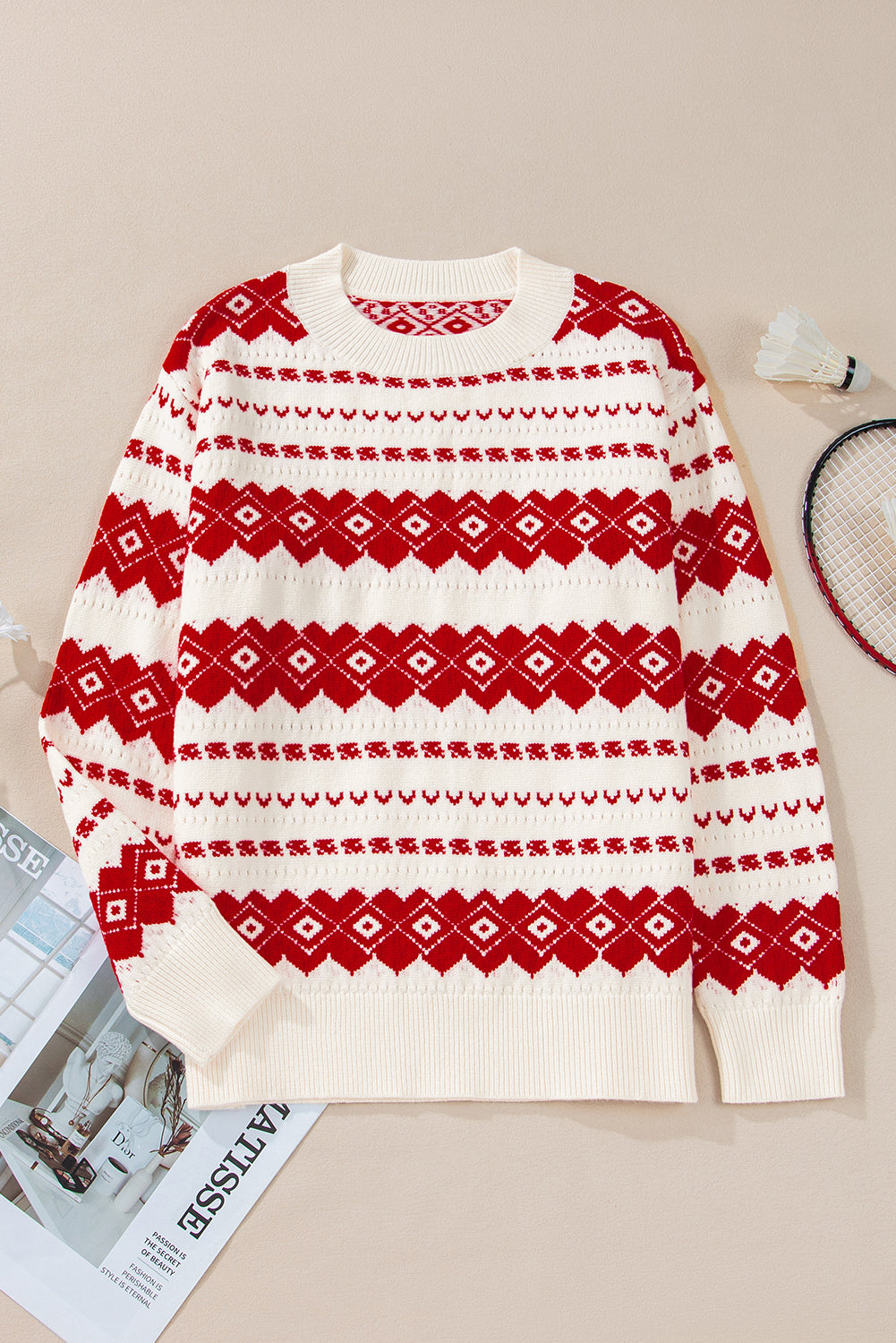 White Geometric Patterned Crew Neck Loose Sweater